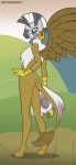  2019 anthro anthrofied avian blue_eyes brown_body clothing costume digital_media_(artwork) disguise ear_piercing ear_ring equid equine female friendship_is_magic gilda_(mlp) gryphon hasbro hi_res jen_foxworth long_tail looking_at_viewer looking_back looking_back_at_viewer mammal my_little_pony mythological_avian mythology piercing ring_piercing smile solo standing suit tail_tuft tuft wings zebra zecora_(mlp) 