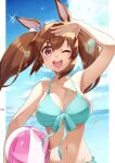  1girl animal_ears arm_up ball beachball bikini blush breasts commentary_request hishi_akebono_(umamusume) horse_ears inomata_konomu large_breasts looking_at_viewer ocean one_eye_closed open_mouth red_eyes sky solo swimsuit twintails umamusume 