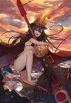  1girl barefoot bikini black_hair breasts cape fate/grand_order fate_(series) hair_between_eyes hat highres long_hair looking_at_viewer lucidsky oda_nobunaga_(fate) oda_nobunaga_(swimsuit_berserker)_(fate) oda_uri red_eyes small_breasts solo sunset swimsuit thighs very_long_hair 