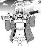  1girl bangs bikini blue_archive cloud commentary_request crossed_bangs fang frilled_bikini frills greyscale gun hair_between_eyes halo highres holding holding_gun holding_weapon hoshino_(blue_archive) hoshino_(swimsuit)_(blue_archive) jacket kaauchi long_hair long_sleeves looking_at_viewer monochrome open_clothes open_jacket open_mouth outdoors over_shoulder shotgun sky solo sunglasses swimsuit weapon weapon_over_shoulder 