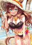  1girl alternate_costume animal_ears beach blue_eyes breasts brown_hair cleavage collarbone commentary_request flower hat highres horse_ears horse_tail jewelry large_breasts looking_at_viewer maruzensky_(umamusume) navel necklace ocean palm_tree solo straw_hat swimsuit tail teaclaw tree umamusume 