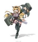  1girl animal_ear_fluff animal_ears arknights artist_name between_breasts black_hairband black_shirt blonde_hair blue_eyes breasts cleavage covered_nipples earpiece extra_ears green_jacket green_thighhighs hair_ornament hairband hairclip hand_up highres holding holding_weapon horn_(arknights) jacket jewelry large_breasts long_hair necklace off_shoulder open_clothes open_jacket open_mouth shadow shirt simple_background solo striped striped_legwear tail thighhighs v-shaped_eyebrows vertical-striped_legwear vertical_stripes weapon white_background wolf_ears wolf_girl wolf_tail yinml_yinian 