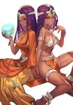  2girls ball bracelet breasts crystal_ball dark-skinned_female dark_skin dragon_quest dragon_quest_iv dress feet_out_of_frame grin hand_up holding holding_ball holding_hands hungry_clicker jewelry long_hair looking_at_viewer manya_(dq4) medium_breasts minea_(dq4) multiple_girls orange_dress purple_eyes purple_hair siblings simple_background single_bare_shoulder sitting smile teeth twins white_background yokozuwari 