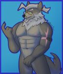  anthro artisttito big_bad_wolf canid canine canis covering covering_crotch eyewear fairy_tales glasses grandfather grandparent hair hi_res male mammal muscular nude old scar solo white_hair wolf wolfgang_(smash_legends) 