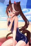  1girl ;d animal_ears bad_link bare_arms barefoot beach beach_umbrella blue_eyes blue_swimsuit breasts brown_hair chorefuji cloud commentary_request day hair_ribbon hand_on_own_shoulder hand_up highres horse_ears horse_tail long_hair looking_at_viewer multicolored_hair one-piece_swimsuit one_eye_closed open_mouth outdoors pink_ribbon ponytail ribbon sand sky smile solo streaked_hair swimsuit tail tokai_teio_(umamusume) towel umamusume umbrella 