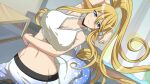  1girl animal_ears arm_behind_head artist_request bangs blonde_hair blue_eyes bra breasts centorea_shianus cleavage covered_nipples game_cg hair_between_eyes horse_ears huge_breasts indoors long_hair looking_at_viewer midriff monster_musume_no_iru_nichijou monster_musume_no_iru_nichijou_online navel official_alternate_costume official_art pointy_ears ponytail smile solo underwear very_long_hair white_bra 