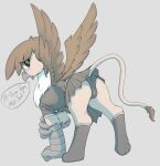  2019 absurd_res avian beak bottomwear brown_body brown_eyes brown_feathers butt clothing crossgender digital_media_(artwork) english_text eyelashes feathered_wings feathers feral girly grabby_(graboiidz) graboiidz gryphon hi_res legwear long_tail male mythological_avian mythology open_mouth panties simple_background skirt solo stockings text tuft underwear white_body wings 