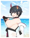  1girl absurdres bangs bare_shoulders beach black_hair blue_archive blunt_bangs blurry blurry_background breasts bridal_gauntlets broken_horn closed_eyes clothes_pull detached_sleeves earrings folded_fan folding_fan from_side halo hand_fan hand_on_hip highres holding holding_fan hoop_earrings horns japanese_clothes jewelry kimono kulettula large_breasts light_blush mole mole_under_eye niya_(blue_archive) ocean open_mouth outdoors short_hair sideboob sidelocks single_bridal_gauntlet sky sleeveless sleeveless_kimono smile solo thick_eyelashes upper_body water white_kimono 