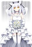  1girl arknights bare_shoulders bouquet bow_legwear bride collar collarbone dress feet_out_of_frame flower frilled_dress frills gloves grey_background grey_hair heart highres holding holding_bouquet jewelry looking_at_viewer lucky_keai medium_hair necklace owl_ears ptilopsis_(arknights) simple_background smile solo strapless strapless_dress thighhighs white_collar white_dress white_flower white_gloves white_thighhighs yellow_eyes zettai_ryouiki 