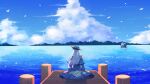  1girl ban_hada bird blue_capelet blue_headwear blue_jacket boat capelet cloud commission english_commentary from_behind grey_hair hat highres jacket mountainous_horizon nijisanji nijisanji_kr ocean pirate_hat scenery second-party_source sitting sky solo sson_(51db_) virtual_youtuber watercraft 