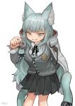  1girl absurdres animal_ear_fluff animal_ears arknights black_ribbon black_skirt buchi0122 cape cat_ears cat_girl cat_tail charm_(object) clenched_teeth collared_shirt commentary feet_out_of_frame green_eyes green_hair grey_sweater_vest grin hand_up harmonie_(arknights) highres holding_charm infection_monitor_(arknights) long_hair looking_at_viewer neck_ribbon parted_lips pleated_skirt ribbon shirt simple_background skirt smile smug solo sweater_vest tail tail_ornament tail_ring teeth uniform white_background white_cape white_shirt 