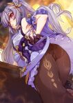  1girl armpits ass black_pantyhose blurry blurry_background breasts closed_mouth cone_hair_bun dress earrings from_below genshin_impact gloves hair_bun hair_ornament hand_on_hip highres indoors jewelry keqing_(genshin_impact) long_hair looking_at_viewer looking_down merunyaa pantyhose purple_eyes purple_gloves purple_hair solo twintails 