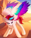  2022 absurd_res anniekayse big_wings blue_body blue_eyes blue_feathers digital_media_(artwork) equid equine feathered_wings feathers female feral hair hasbro hi_res mammal mlp_g5 multicolored_wings my_little_pony pegasus pink_body pink_feathers pink_hair pink_tail pose smile smirk solo white_body wings zipp_storm_(mlp) 