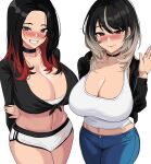  2girls arm_behind_back bangs black_choker black_hair black_jacket blush breasts choker cleavage crop_top denim front-tie_top gradient_hair grin hella_p huge_breasts jacket jeans jewelry light_brown_hair long_hair looking_at_viewer multicolored_hair multiple_girls naughty_face nose_blush open_clothes open_jacket original pants red_eyes red_hair ring short_hair short_shorts shorts simple_background smile tank_top white_background white_tank_top 