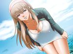  breasts brown_hair cleavage cloud covered_nipples day dead_or_alive hairband hitomi_(doa) jacket large_breasts leaning_forward long_hair sky solo tatsunami_youtoku 