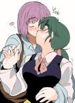  2girls bag blush bow bowtie closed_eyes collared_shirt commentary earrings english_commentary green_hair hair_ribbon hatsuseno_alpha heart highres jewelry kagaya_(oshiriudon) kiss long_hair long_sleeves multiple_girls nose_blush pink_hair ponytail ribbon shirt short_hair shoulder_bag takatsu_kokone vest yokohama_kaidashi_kikou yuri 