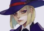  1boy bishounen blonde_hair blunt_bangs collared_shirt commentary_request expressionless eyelashes eyeshadow green_eyes hat highres lips looking_at_viewer makeup multicolored_eyeshadow murasaki_(fioletovyy) night_raven_college_uniform orange_eyeshadow purple_eyeshadow purple_hat rook_hunt shirt short_hair simple_background twisted_wonderland white_background witch_hat 