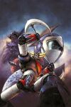  1970s_(style) 1boy bodysuit clenched_hands duke_fleed earth_(planet) grendizer helmet holding holding_weapon horns mazinger_(series) mecha mecha_focus nakamura_jun'ichi pilot_suit planet retro_artstyle robot science_fiction skin_tight super_robot ufo_robo_grendizer vega_(grendizer) weapon yellow_eyes 