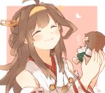  1girl ahoge border brown_hair character_doll commentary_request detached_sleeves double_bun eyes_closed hairband headgear hiei_(kantai_collection) inagawa_(kidou_kairo) kantai_collection kongou_(kantai_collection) long_hair pink_background ribbon-trimmed_sleeves ribbon_trim smile solo two-tone_background upper_body white_border 
