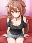  1girl :t animal_ears animal_print arm_support bare_shoulders black_shirt blue_shorts blush bone_print breasts brown_eyes brown_hair choker cleavage clothing_cutout commentary_request couch denim denim_shorts dog_ears dog_print dog_tail double-parted_bangs extra_ears hair_between_eyes hair_ornament hair_over_shoulder highres hololive indoors inugami_korone inugami_korone_(loungewear) jewelry kamineko_(kamineko9675) large_breasts leaning_forward long_hair looking_at_viewer o-ring o-ring_choker off-shoulder_shirt off_shoulder official_alternate_costume official_alternate_hairstyle on_couch pendant pom_pom_(clothes) pom_pom_hair_ornament pout print_shirt shirt short_shorts shorts shoulder_cutout sitting solo tail variant_set virtual_youtuber 