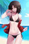  1girl bangs bare_arms bare_legs bare_shoulders beach bikini black_bikini black_eyes black_hair blue_sky breasts cleavage closed_mouth cloud collarbone day gluteal_fold hand_in_hair highres hips jacket kara_no_kyoukai legs looking_at_viewer midriff navel ocean okakasushi outdoors red_jacket ryougi_shiki sand short_hair sky small_breasts solo standing stomach swimsuit thighs tree 