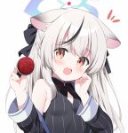  1girl :d animal_ear_fluff animal_ears black_dress black_hair black_jacket blue_archive blush breasts brown_eyes cleavage_cutout clothing_cutout commentary dress grey_hair halo holding jacket kokona_(blue_archive) kujou_danbo long_hair looking_at_viewer multicolored_hair notice_lines off_shoulder open_clothes open_jacket simple_background sleeveless sleeveless_dress small_breasts smile solo streaked_hair striped_clothes striped_dress striped_jacket symbol-only_commentary vertical-striped_clothes vertical-striped_dress vertical-striped_jacket very_long_hair white_background 