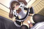  bed black_legwear blush brown_eyes brown_hair censored copyright_request cowgirl_position dress dress_lift dutch_angle frills garter_belt girl_on_top glasses kazu maid maid_headdress no_panties penis pussy skirt solo_focus straddling thighhighs twintails 
