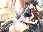  anus ass black_hair black_legwear blush breasts from_behind game_cg highres large_breasts long_hair looking_back lyrical_ds maid mikeou miraroma mouth_hold nipples no_bra no_panties purple_eyes pussy skirt skirt_lift solo thighhighs tsukimiya_kaede uncensored 