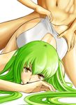  1girl ass ass_grab c.c. clothed_female_nude_male clothing_aside code_geass doggystyle green_hair hetero highres long_hair nude open_mouth sex solo_focus sweat swimsuit swimsuit_aside taono_kinoko thighs top-down_bottom-up vaginal yellow_eyes 