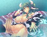  :&lt; animal_ears animal_print bell black_legwear blush breasts censored cow_ears cow_print cum futanari green_hair horns huge_breasts huge_penis lactation long_hair milk nipples open_clothes open_shirt original penis purple_eyes shimakaze shirt solo thighhighs 