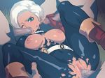  bitchen black_bodysuit blue_eyes bodysuit breasts censored dark_skin dragon_quest dragon_quest_iii earrings fellatio gloves group_sex jewelry large_breasts latex lips one_eye_closed oral penis sex solo_focus thief_(dq3) torn_clothes vaginal white_hair 