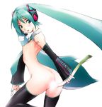  arched_back ass blush breath censored detached_sleeves dildo flat_chest green_eyes green_hair hatsune_miku headphones konkitto long_hair microphone nipples nude skinny smile solo spring_onion thighhighs twintails vocaloid 