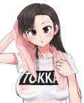  1girl :o asymmetrical_bangs bangs blush breasts brown_eyes brown_hair casual clothes_writing erect_nipples eyebrows_visible_through_hair girls_und_panzer head_tilt large_breasts long_hair looking_at_viewer nipples nishi_kinuyo print_shirt romaji_text see-through shirt simple_background solo standing sweat t-shirt toku_(yhpv8752) towel towel_around_neck upper_body wet wet_clothes wet_shirt white_background white_shirt wiping_sweat 