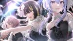  3girls bare_shoulders black_hair black_nails black_tube_top blonde_hair blue_hair brown_eyes brown_hair cometik_(idolmaster) commentary_request detached_collar detached_sleeves earrings highres idol idolmaster idolmaster_shiny_colors idolmaster_shiny_colors_song_for_prism ikaruga_luca ikuta_haruki jewelry long_hair multicolored_hair multiple_girls official_art open_mouth purple_eyes see-through see-through_sleeves short_hair solo_focus stage_lights strapless streaked_hair suzuki_hana sweat tube_top yellow_eyes 