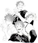  1boy :d baseball_cap baseball_uniform black_shirt black_undershirt closed_mouth collared_shirt fangs greyscale grin haikyuu!! hand_up hat highres hinata_shouyou long_sleeves looking_at_viewer male_focus monochrome sharp_teeth shirt short_sleeves smile solo sparkle spiked_hair sportswear teeth tel_(iimalet_down) undershirt volleyball_uniform white_shirt 