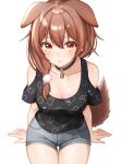  1girl :t animal_ears animal_print bare_shoulders black_shirt blue_shorts blush bone_print breasts brown_eyes brown_hair choker cleavage clothing_cutout commentary_request denim denim_shorts dog_ears dog_print dog_tail double-parted_bangs extra_ears hair_between_eyes hair_ornament hair_over_shoulder highres hololive inugami_korone inugami_korone_(loungewear) jewelry kamineko_(kamineko9675) large_breasts leaning_forward long_hair looking_at_viewer o-ring o-ring_choker off-shoulder_shirt off_shoulder official_alternate_costume official_alternate_hairstyle pendant pom_pom_(clothes) pom_pom_hair_ornament pout print_shirt shirt short_shorts shorts shoulder_cutout simple_background solo tail transparent_background variant_set virtual_youtuber 