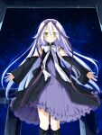  1girl \||/ bare_shoulders black_dress black_footwear blush boots bow chaamii closed_mouth commentary_request cross detached_sleeves double-parted_bangs dress feet_out_of_frame floating_hair hair_between_eyes hair_bow hair_ribbon happy highres hoshizora_no_memoria long_bangs long_hair long_sleeves looking_at_viewer mare_s._ephemeral night outdoors outstretched_arms outstretched_hand purple_bow purple_ribbon ribbon signature sky sleeveless sleeveless_dress slit_pupils smile solo standing star_(sky) starry_sky straight-on straight_hair very_long_hair white_bow white_hair wide_sleeves yellow_eyes 