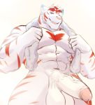  anthro balls colored_sketch felid fur half-erect humanoid_penis looking_at_viewer male mammal muscular muscular_male open_mouth pantherine penis precum pubes simple_background smile solo soraa standing tiger towel uncut vein 