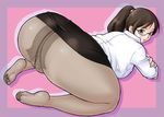  ass breasts brown_eyes brown_hair censored crotch_seam feet glasses holon large_breasts pantyhose pencil_skirt pussy real_drive skirt sleeves_rolled_up solo uraharukon 