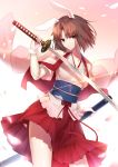  1girl animal_ears breasts brown_eyes brown_hair bunny_ears closed_mouth collarbone highres holding holding_sword holding_weapon japanese_clothes kara_no_kyoukai kimono kimono_skirt legs looking_at_viewer okakasushi patterned patterned_clothing red_skirt ryougi_shiki short_hair short_sleeves skirt small_breasts solo standing sword thighs weapon 