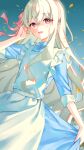  1girl absurdres apron blue_dress blush bow collared_dress dress frilled_apron frills hair_between_eyes hair_ribbon hairband hand_up harushio highres kagerou_project kozakura_marry long_hair looking_at_viewer open_mouth pink_bow pink_eyes pink_hairband pink_ribbon red_eyes ribbon skirt_hold sleeves_past_elbows smile solo very_long_hair white_apron white_hair 