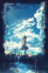  1girl absurdres brown_hair cloud highres landscape looking_at_viewer scenery school_uniform short_hair skirt summer sun y_y_(ysk_ygc) 