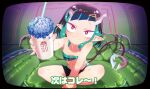  1girl bangs belt beltbra black_hair black_shorts blue_belt blue_hair chaki_(teasets) chest_belt closed_mouth commentary_request couch cup demon_girl demon_horns demon_tail drinking_straw fang flat_chest full_body highres holding holding_cup horns indian_style looking_at_viewer medium_hair multicolored_hair pointy_ears red_eyes shishio_chris shorts sitting solo static sugar_lyric tail television two-tone_hair virtual_youtuber 