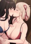  2girls bikini black_hair blonde_hair blush bra breasts breasts_out closed_eyes commentary_request couple hair_ribbon highres inoue_takina kannko_bokujou kiss large_breasts long_hair lycoris_recoil medium_hair multiple_girls nipple_slip nipples nishikigi_chisato red_bra ribbon swimsuit underwear upper_body yuri 