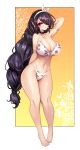  1girl :o armpits bikini black_hair blue_archive blush bow braid breasts choker cleavage earrings hair_bow hair_over_one_eye highres hinata_(blue_archive) jewelry large_breasts long_hair looking_at_viewer navel notte red_eyes solo swimsuit thighs white_bikini 