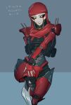  1girl abyuramu_yukidaruma android apex_legends ash_(titanfall_2) bandana black_sclera blue_background colored_sclera cosplay hand_on_own_knee highres loincloth red_bandana red_scarf revenant_(apex_legends) revenant_(apex_legends)_(cosplay) scarf science_fiction simulacrum_(titanfall) sitting smile solo yellow_eyes 