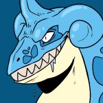  ambiguous_gender blue_background blue_body blue_horn bodily_fluids drooling glistening glistening_body grin headshot_portrait horn imperatorcaesar insane lapras low_res nintendo pok&eacute;mon pok&eacute;mon_(species) portrait saliva sharp_teeth simple_background smile solo teeth video_games wide_eyed yellow_body 