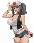  1girl :d arm_up bare_shoulders baseball_cap black_choker black_eyes black_vest blue_shorts bra_visible_through_clothes breasts choker cleavage cosplay cowboy_shot cutoffs denim denim_shorts gompang_11 grey_hair hat highres hilda_(pokemon) hilda_(pokemon)_(cosplay) holding jewelry large_breasts long_hair looking_at_viewer micro_shorts midriff open_mouth original poke_ball pokemon pokemon_(game) pokemon_bw ponytail ring see-through shirt short_shorts shorts simple_background smile solo standing thighs vest white_background white_headwear white_shirt wristband 