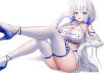  1girl azur_lane bandeau bangs bare_shoulders blue_choker blue_eyes blue_footwear breasts choker cleavage commentary_request criss-cross_halter elbow_gloves gloves halterneck hand_up high_heels illustrious_(azur_lane) large_breasts long_hair midriff mole mole_under_eye shenqi_(toid310) simple_background sitting solo thighhighs thighs very_long_hair white_background white_gloves white_hair white_thighhighs 