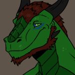  1:1 anthro beard black_horn blue_sclera brown_background brown_beard brown_hair bust_portrait cheek_horn closed_mouth closed_smile dragon facial_hair glistening glistening_eyes green_body green_eyes green_scales hair horn imperatorcaesar looking_at_viewer low_res male mouth_closed narrowed_eyes portrait scales simple_background solo 
